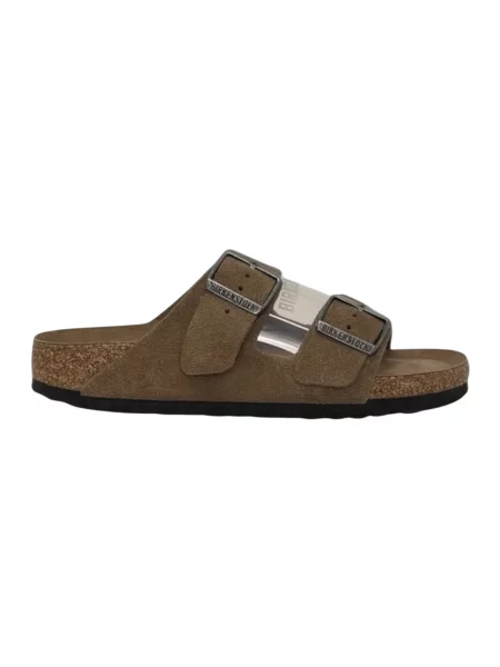 Klapki Birkenstock zamszowe bez obcasa brązowe