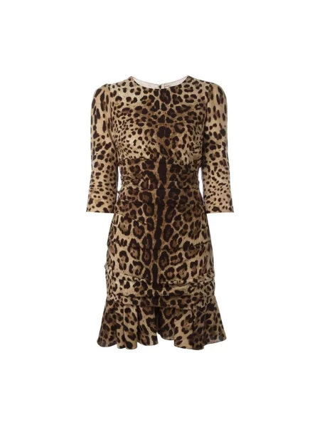 Jedwabna sukienka Dolce And Gabbana w panterkę garniturowa brązowa