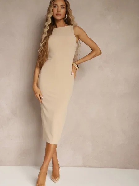 Jasnobeżowa Ołówkowa Sukienka Bez Rękawów z Wiskozą Zdobiona Rozcięciem z Tyłu Fonama beżowa