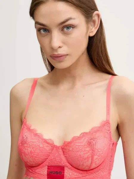 Сутиен HUGO от дантела с изчистен дизайн розово