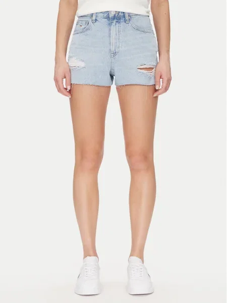 Tommy Jeans pantaloni scurți jeans uni high waist albastru