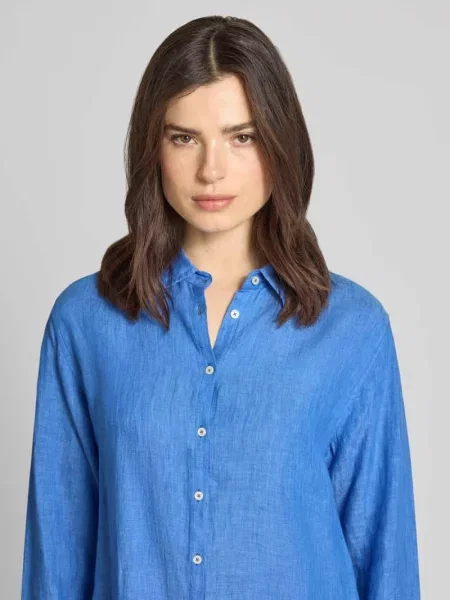 Bluzka koszulowa z lnu z kołnierzykiem kent Model MIRA' 0039 Italy niebieska