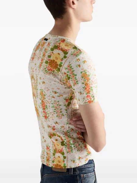 Tricou Prada cu model floral cu decolteu rotund portocaliu