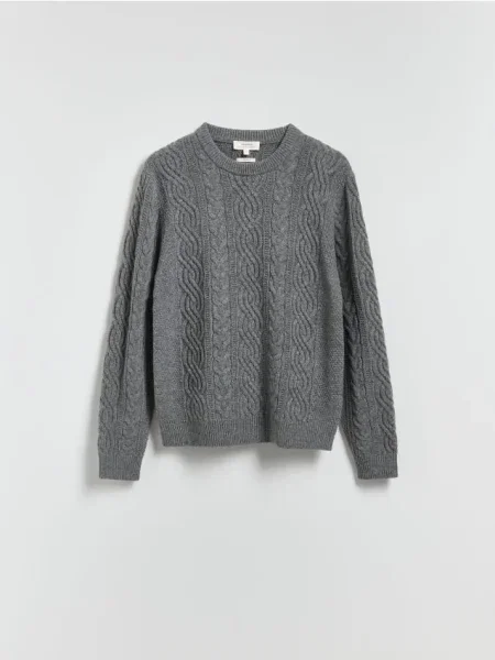 Reserved Pulover din lână cu model torsadat gri-închis gri