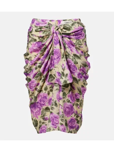 Fustă midi Chloé de mătase cu model floral drapată galben