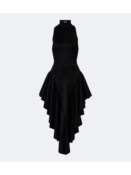 Rochie midi Alaïa de catifea cu volane asimetrică negru
