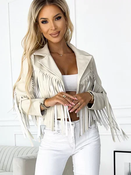 Krótka kurtka skórzana Numoco Basic bez fiszbin beżowa