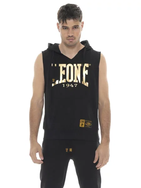 Bluza bez rękawów z kapturem i dużym złotym logo Leone czarna