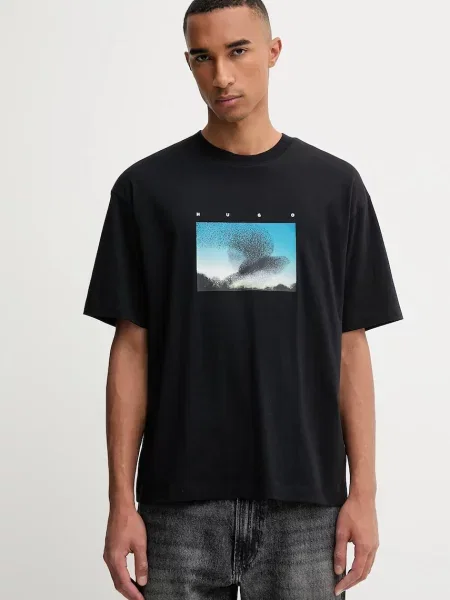 HUGO tricou din cu imprimeu negru