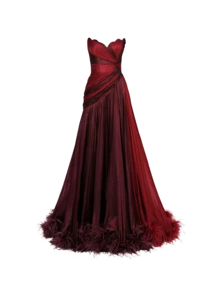 Rochie maxi Iris Serban cu pene fără bretele de costum roșu