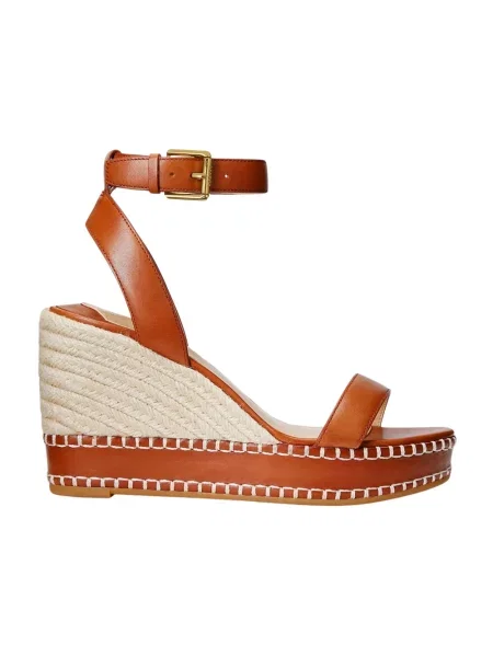 Espadryle Ralph Lauren skórzane na koturnie brązowe