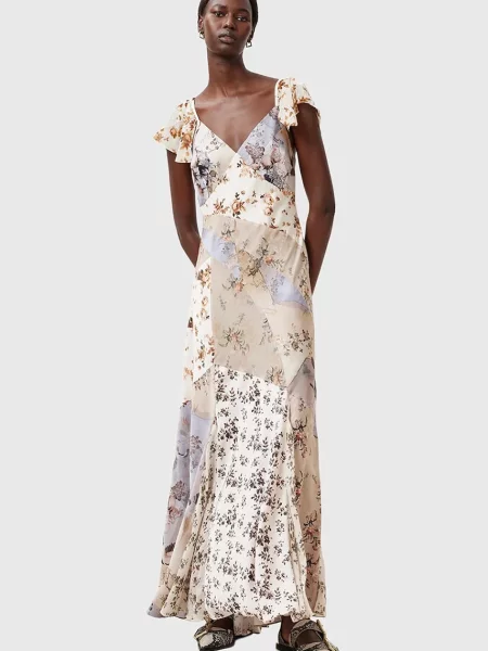 Рокля AllSaints LALA DRESS дълга разкроена бежово