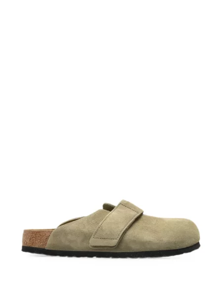 Papuci tip mules Birkenstock din piele de căprioară cu bretele verde