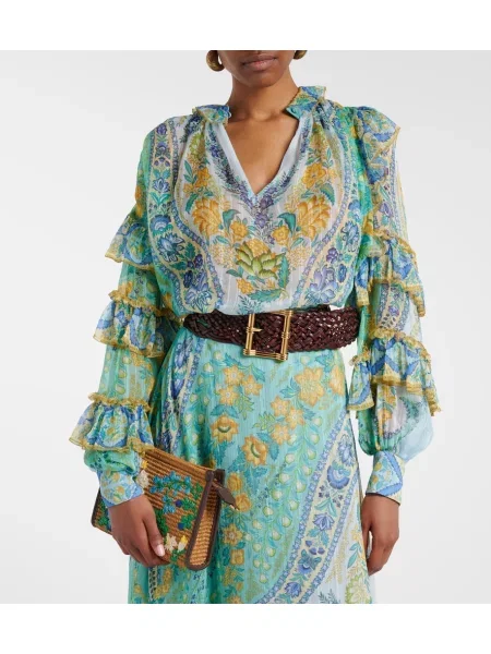 Bluză Etro de mătase cu model floral cu volane verde