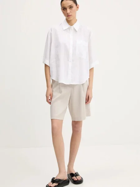 HUGO koszula lniana relaxed z kołnierzykiem klasycznym biały