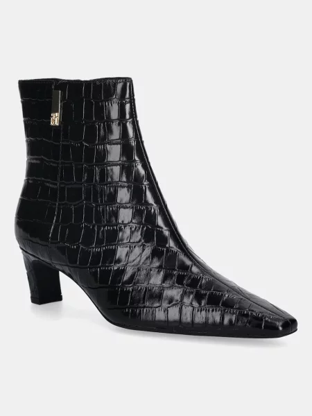 Кожени боти Tommy Hilfiger TH SQUARE TOE CROC KITTEN BOOTIE с дебел черно