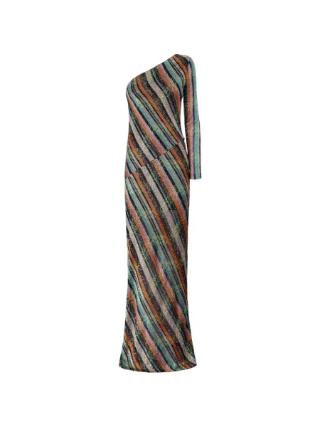 Rochie maxi Missoni cu dungi cu un umăr gol de costum maro