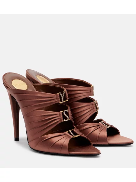 Papuci tip mules Saint Laurent din satin maro