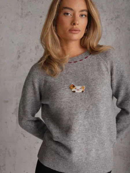 Sweter Oversize z Dodatkiem Wełny Ozdobiony Naszywką z Pieskiem i Kontrastrowym Przeszyciem Helesine szary