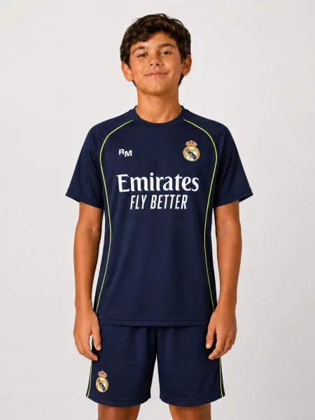 Real Madryt komplet koszulka spodenki junior Mbappe box granatowy niebieska