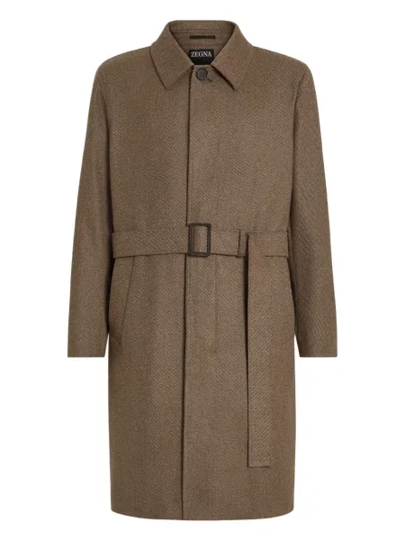 Cu centură palton Zegna din țesătură twill maro