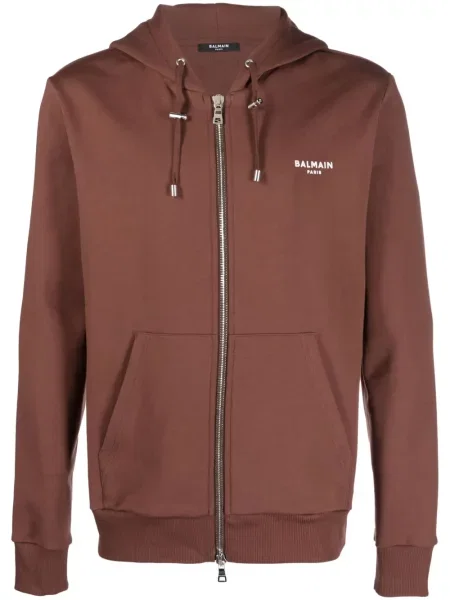 Bluza z kapturem Balmain z nadrukiem ze sznurkiem brązowa