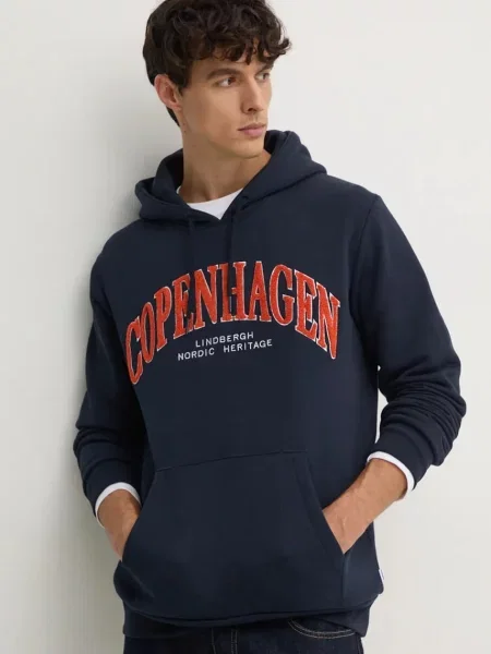 Суичър с качулка Lindbergh с качулка с апликация тъмносиньо