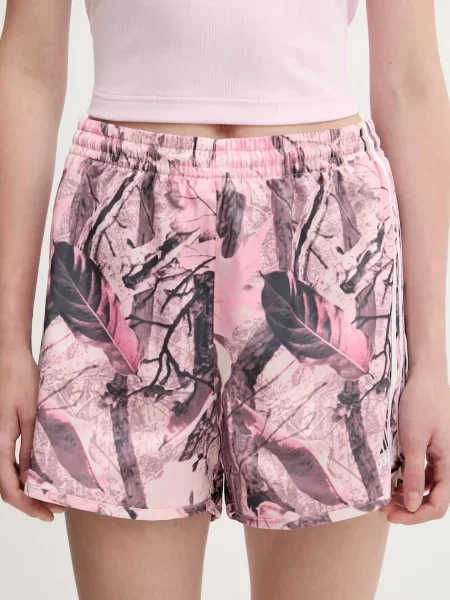 Adidas Originals pantaloni scurți Satin Shorts roz cu imprimeu high waist alb