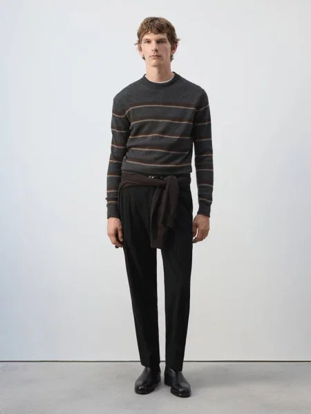 Sweter z dzianiny z mieszanki wełny i kaszmiru w paski ciemnoszary Mężczyzna XXL MANGO MAN