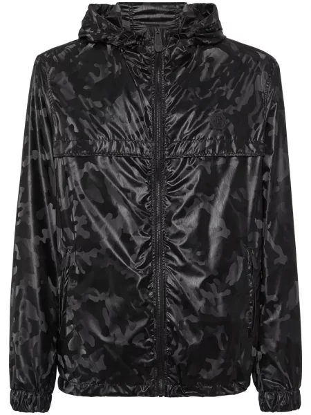 Geacă de vânt Philipp Plein cu glugă cu imagine cu model camuflaj negru