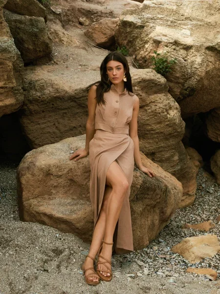 Спідниця міді Seventeen льон/бавовна бежевий