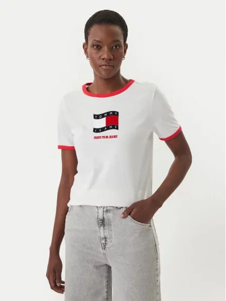 Tommy Jeans T-Shirt Wavy Flag Contrast Ringer λευκό
