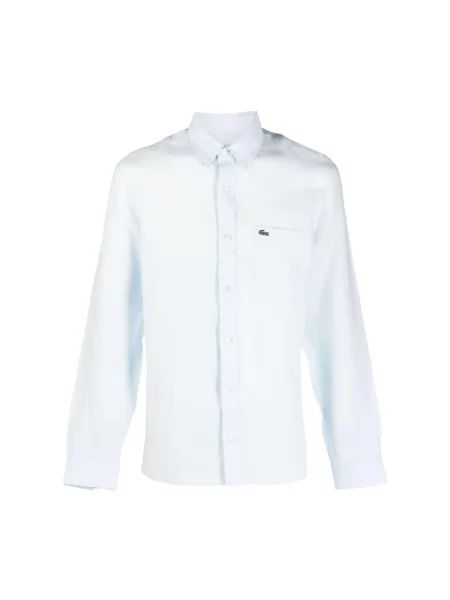 Lacoste koszula lniana regular z kołnierzykiem button-down niebieski