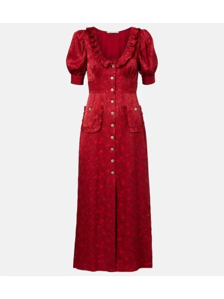 Rochie midi Alessandra Rich de mătase cu model floral până la genunchi roșu