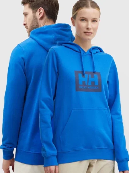 Суичър с качулка Helly Hansen с качулка с принт синьо