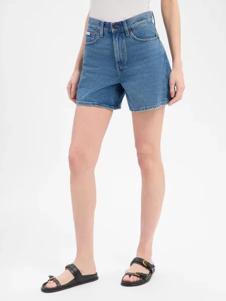Szorty jeansowe z wysokim stanem z detalem z logo Calvin Klein Jeans niebieskie