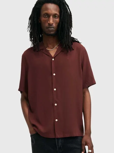 Риза AllSaints VENICE мъжка със свободна кройка с класическа яка бордо