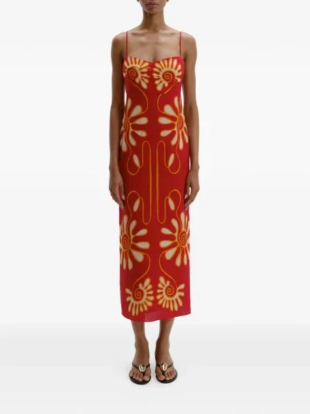Rochie midi Cala De La Cruz cu model floral până la genunchi de costum roșu