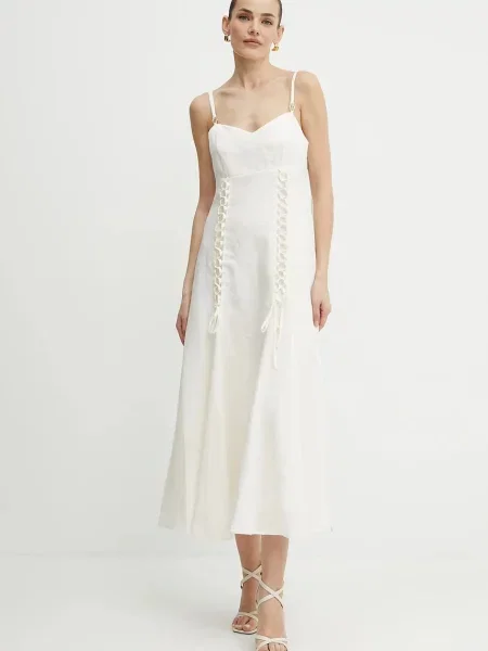 Twinset sukienka z domieszką lnu maxi rozkloszowana beżowy