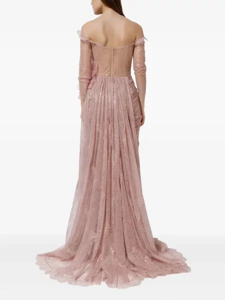 Rochie Iris Serban cu model floral plisată din dantelă roz