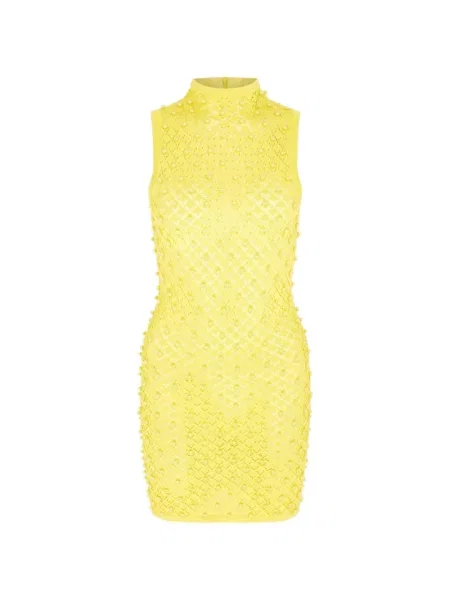 Mała sukienka mini David Koma z koralikami garniturowa żółta