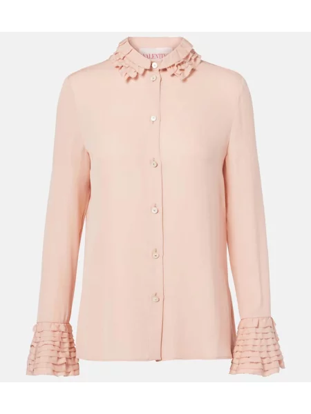 Cămașă Valentino de mătase cu volane roz
