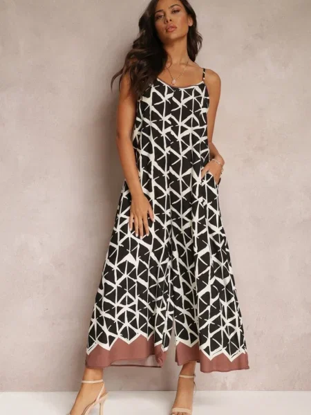 Salopetă din cu Imprimeu Geometric cu Bretele Evera neagră