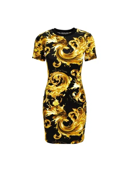 Sukienka jeansowa Versace Jeans Couture z nadrukiem z dżerseju do kolan czarna