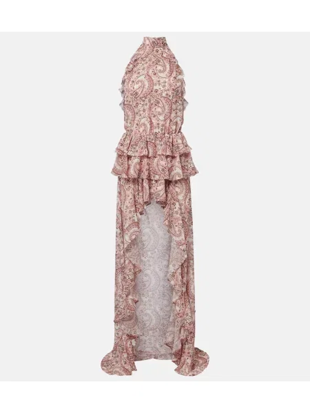 Rochie maxi Bananhot cu volane cu model paisley asimetrică roz
