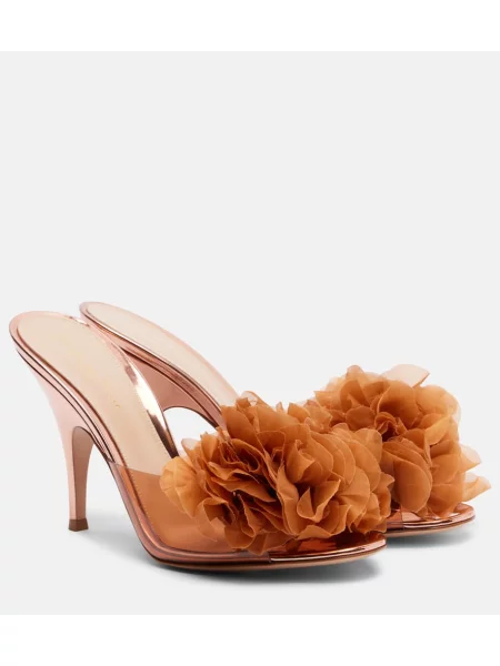 Papuci tip mules Gianvito Rossi din piele cu model floral maro