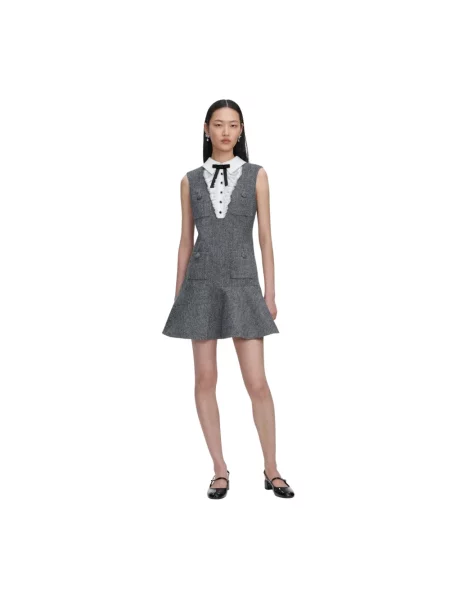 Sukienka mini Self-portrait wełniana w jodełkę szara