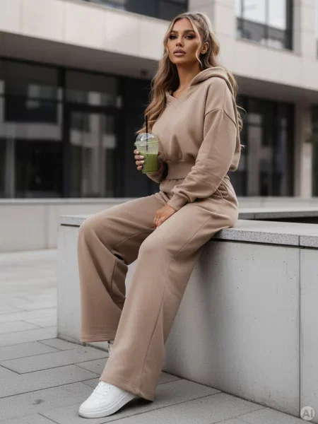 Komplet spodnie wide leg i bluza MINALIA Dstreet beżowy