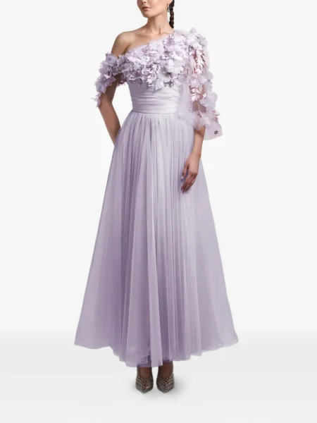 Rochie maxi Gemy Maalouf cu model floral cu un umăr gol de costum violet