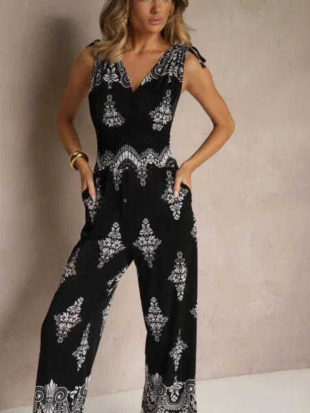 Kombinezon z Dekoltem w Kształcie Litery V Zdobiony Etnicznym Printem Izlina czarny